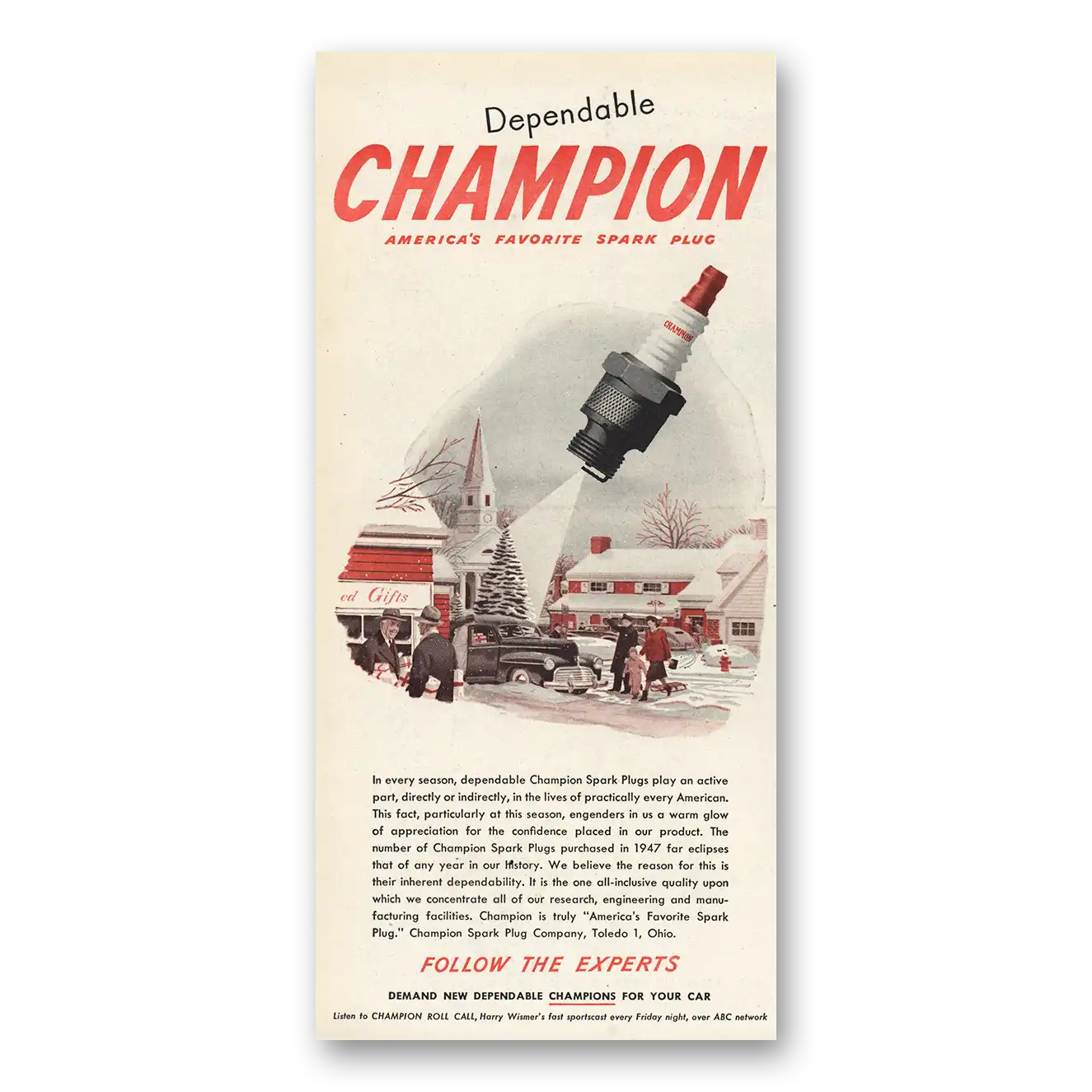 1947 Champion Spark Plugs Every Season Christmas Vintage Magazine Print Ad