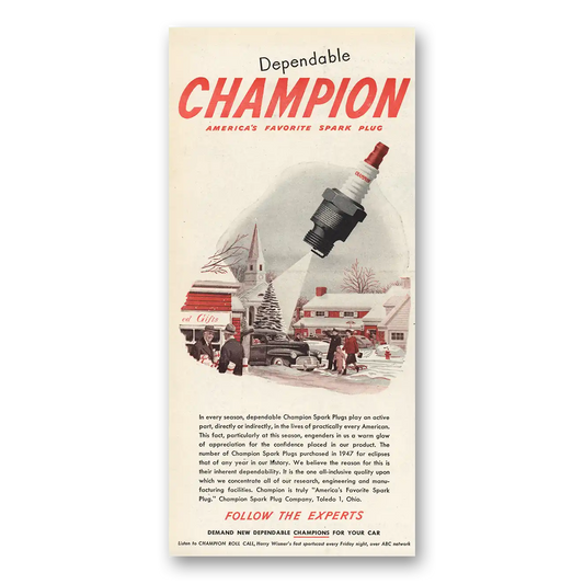 1947 Champion Spark Plugs Every Season Christmas Vintage Magazine Print Ad