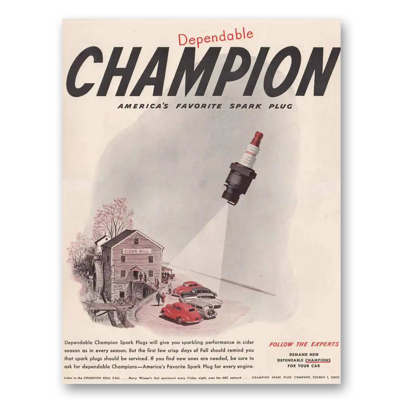 1947 Champion Spark Plugs Dependable Cider Mill Vintage Magazine Print Ad