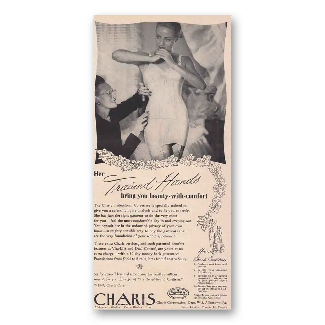 1947 Charis Foundation Garments Her Trained Hands Bring You Beauty with Comfort Vintage Magazine Print Ad