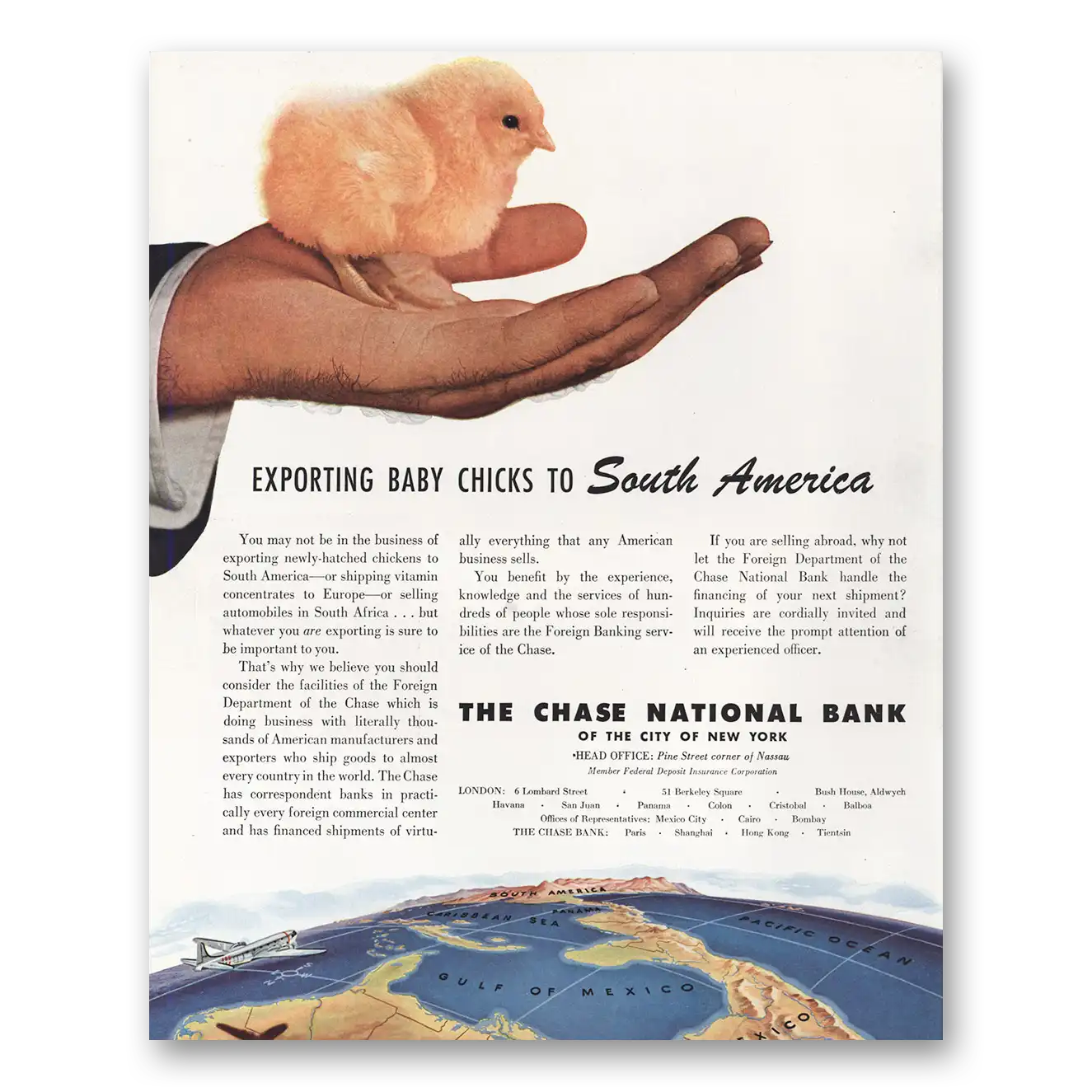 1947 Chase National Bank Exporting Baby Chicks to South America Vintage Magazine Print Ad