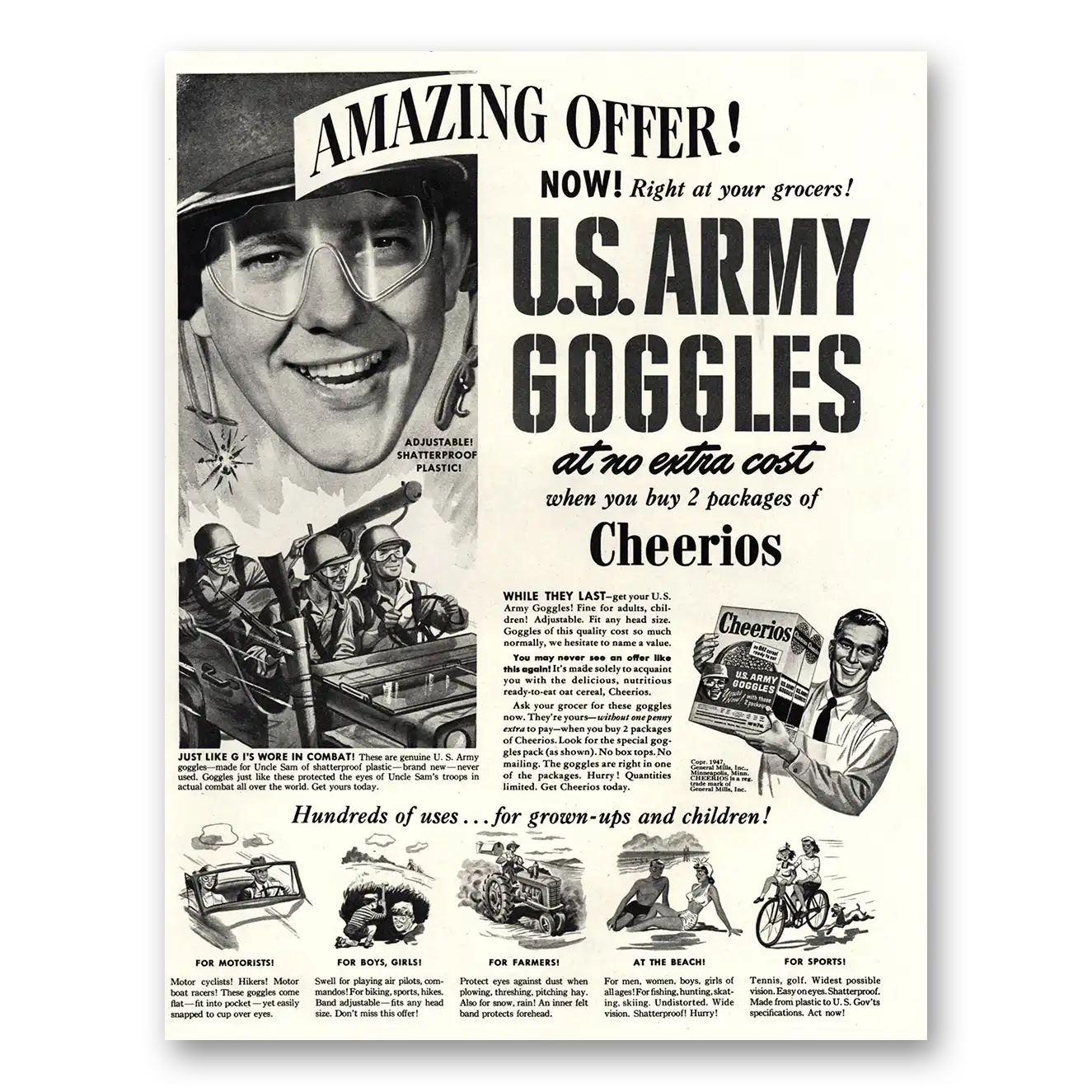 1947 Cheerios Cereal US Army Goggles Amazing Offer Vintage Magazine Print Ad