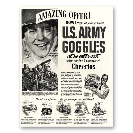 1947 Cheerios Cereal US Army Goggles Amazing Offer Vintage Magazine Print Ad