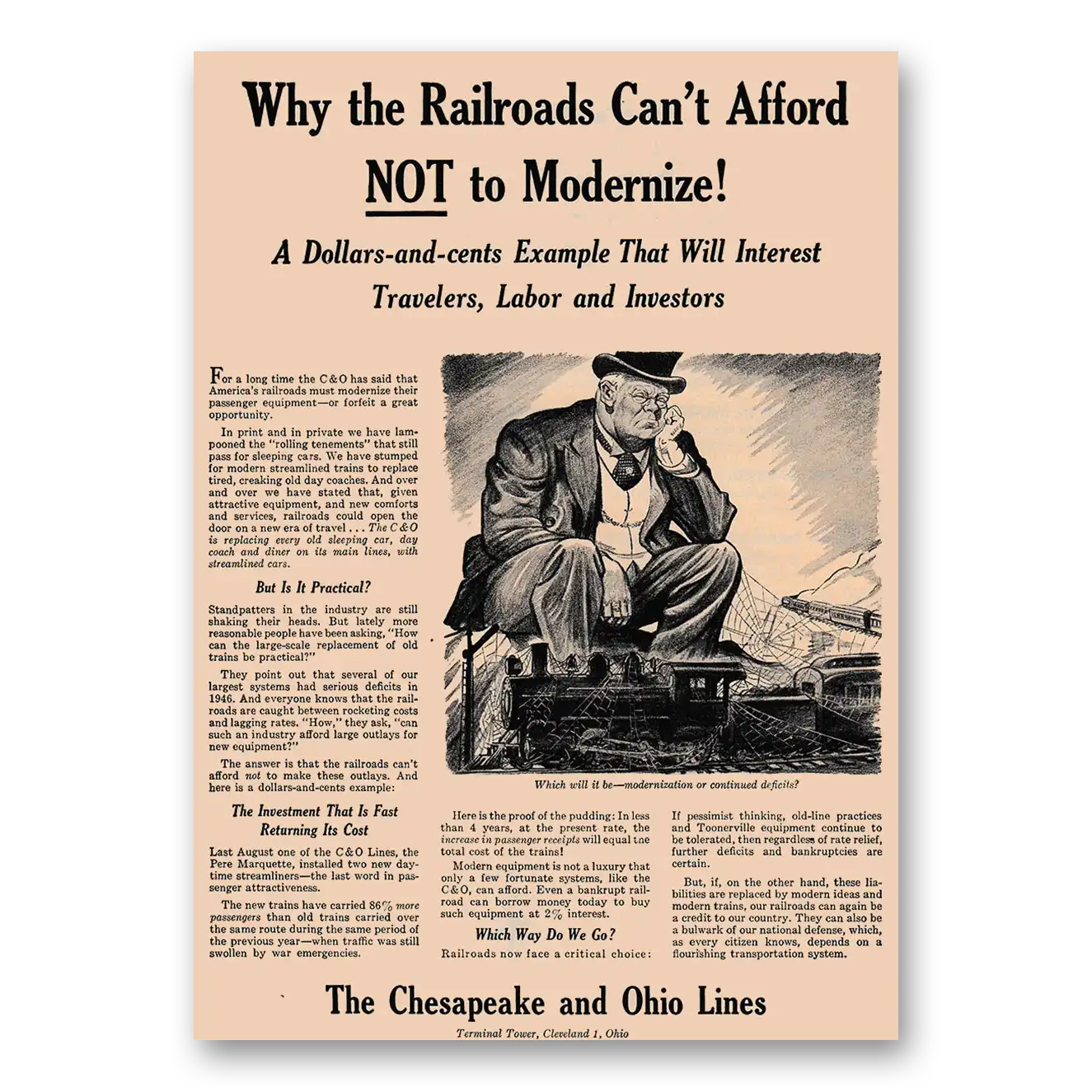 1947 Chesapeake and Ohio Lines Can't Afford Not to Modernize Vintage Magazine Print Ad