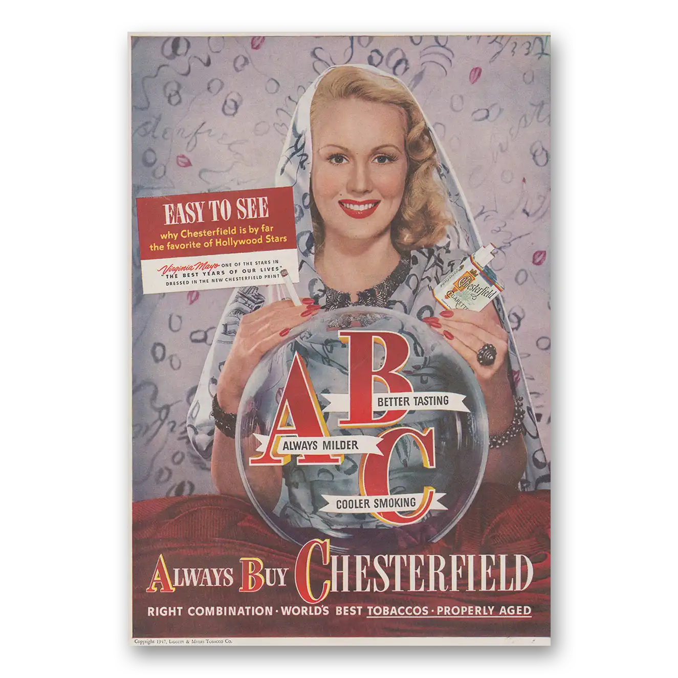 1947 Chesterfield Cigarettes Virginia Mayo Vintage Magazine Print Ad