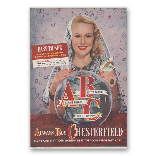 1947 Chesterfield Cigarettes Virginia Mayo Vintage Magazine Print Ad