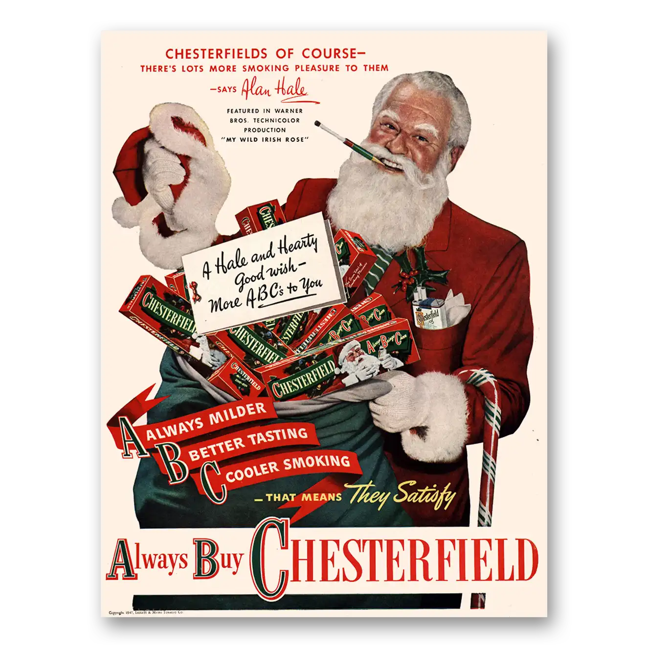 1947 Chesterfield Cigarettes Alan Hale Santa Claus Vintage Magazine Print Ad