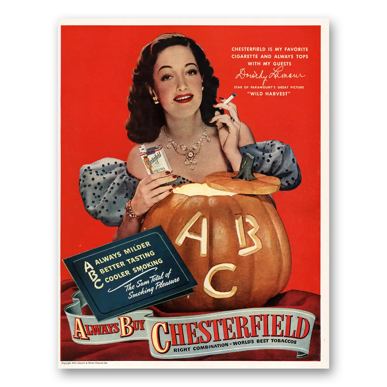 1947 Chesterfield Cigarettes Dorothy Lamour Vintage Magazine Print Ad