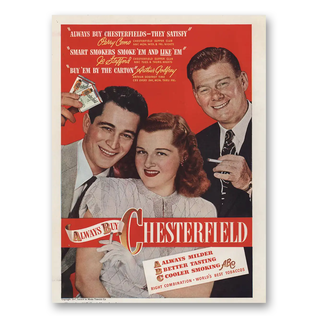 1947 Chesterfield Cigarettes Perry Como Jo Stafford Vintage Magazine Print Ad