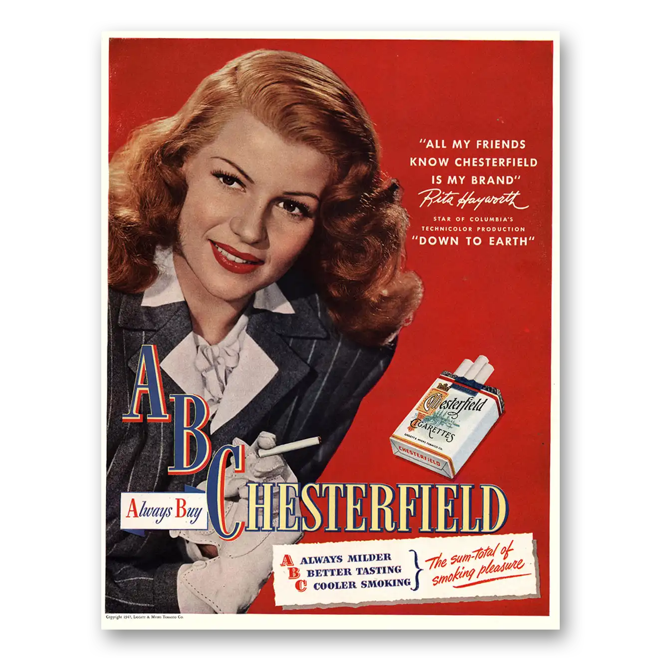 1947 Chesterfield Cigarettes Rita Hayworth Vintage Magazine Print Ad