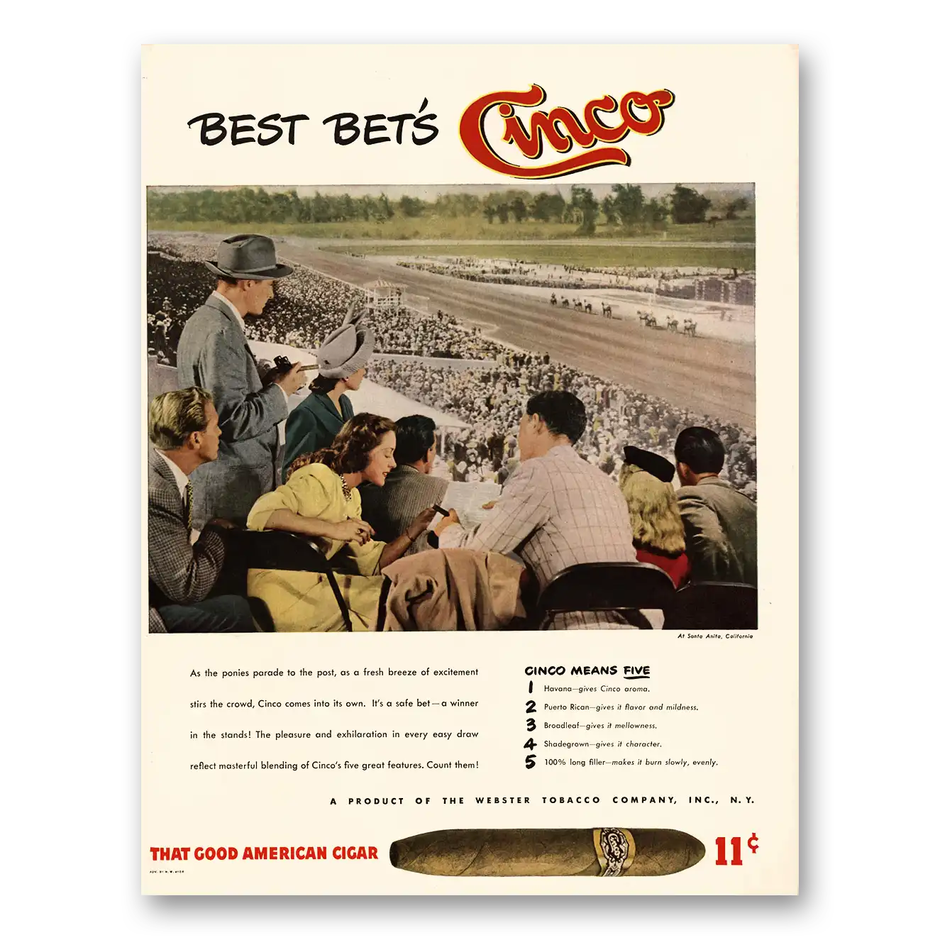 1947 Cinco Cigars Best Bets Racetrack Vintage Magazine Print Ad