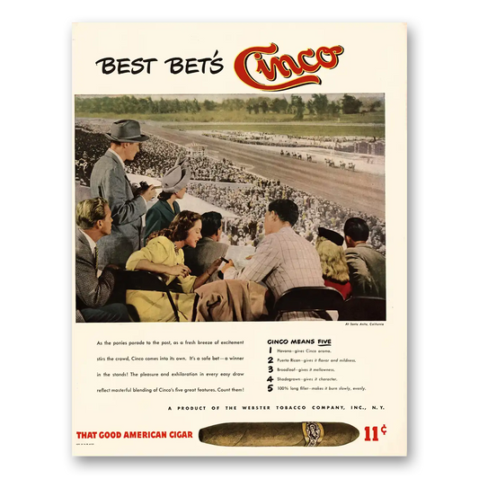 1947 Cinco Cigars Best Bets Racetrack Vintage Magazine Print Ad