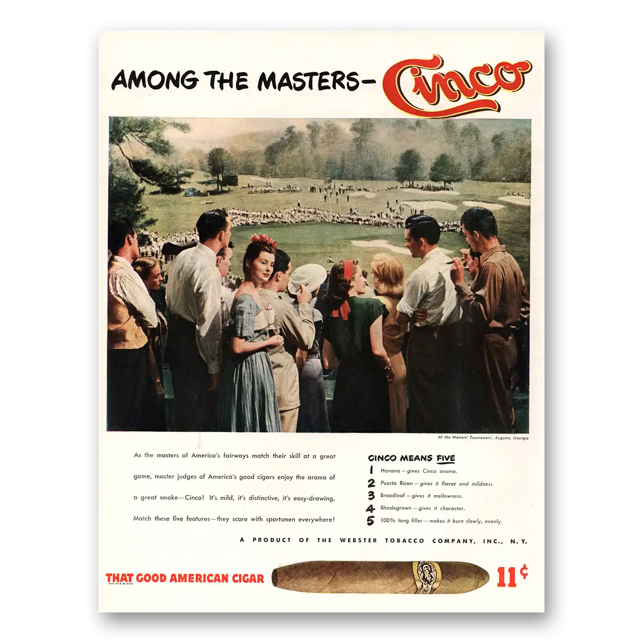 1947 Cinco Cigars Masters Tournament Augusta Vintage Magazine Print Ad