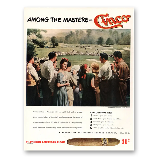 1947 Cinco Cigars Masters Tournament Augusta Vintage Magazine Print Ad