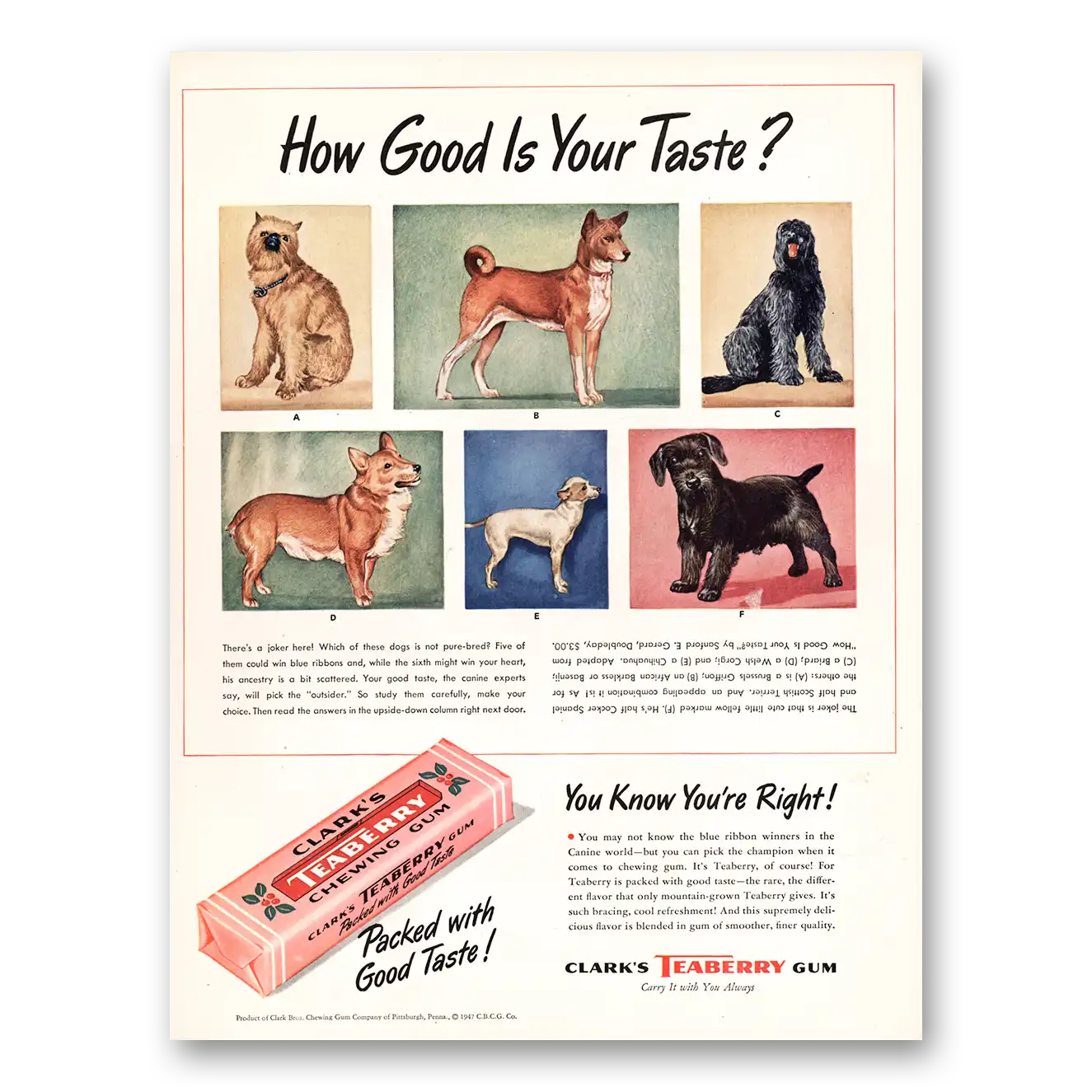 1947 Clarks Gum Clarks Teaberry Chewing Gum How Good Is Your Taste Vintage Magazine Print Ad