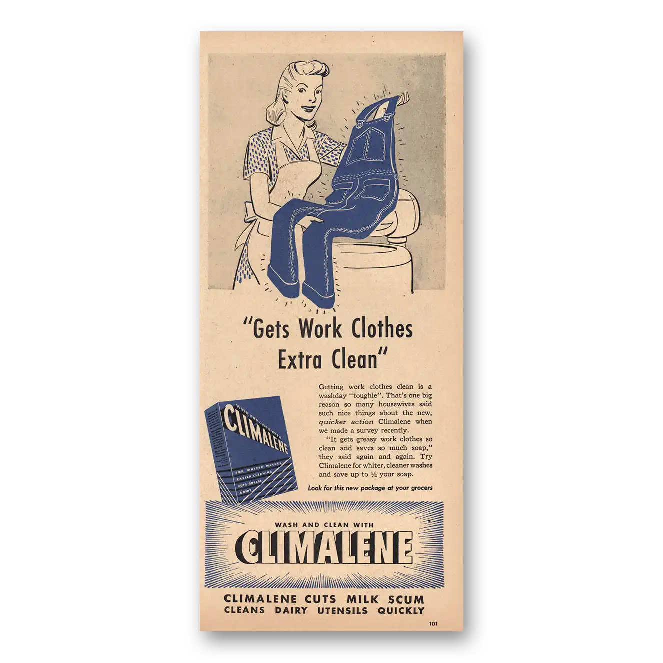 1947 Climalene Gets Work Clothes Extra Clean Vintage Magazine Print Ad