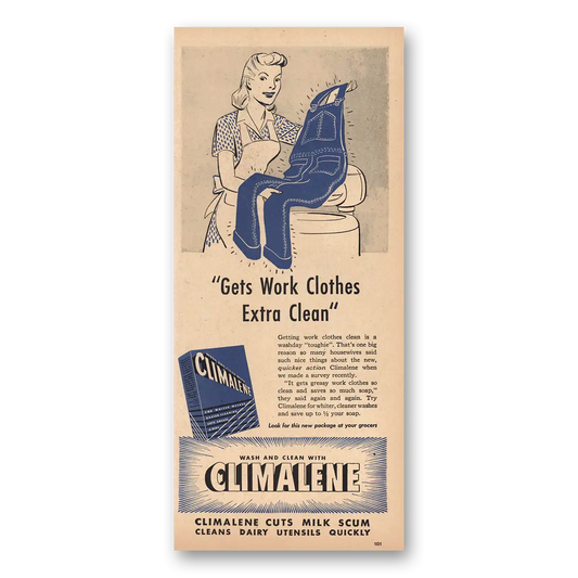 1947 Climalene Gets Work Clothes Extra Clean Vintage Magazine Print Ad