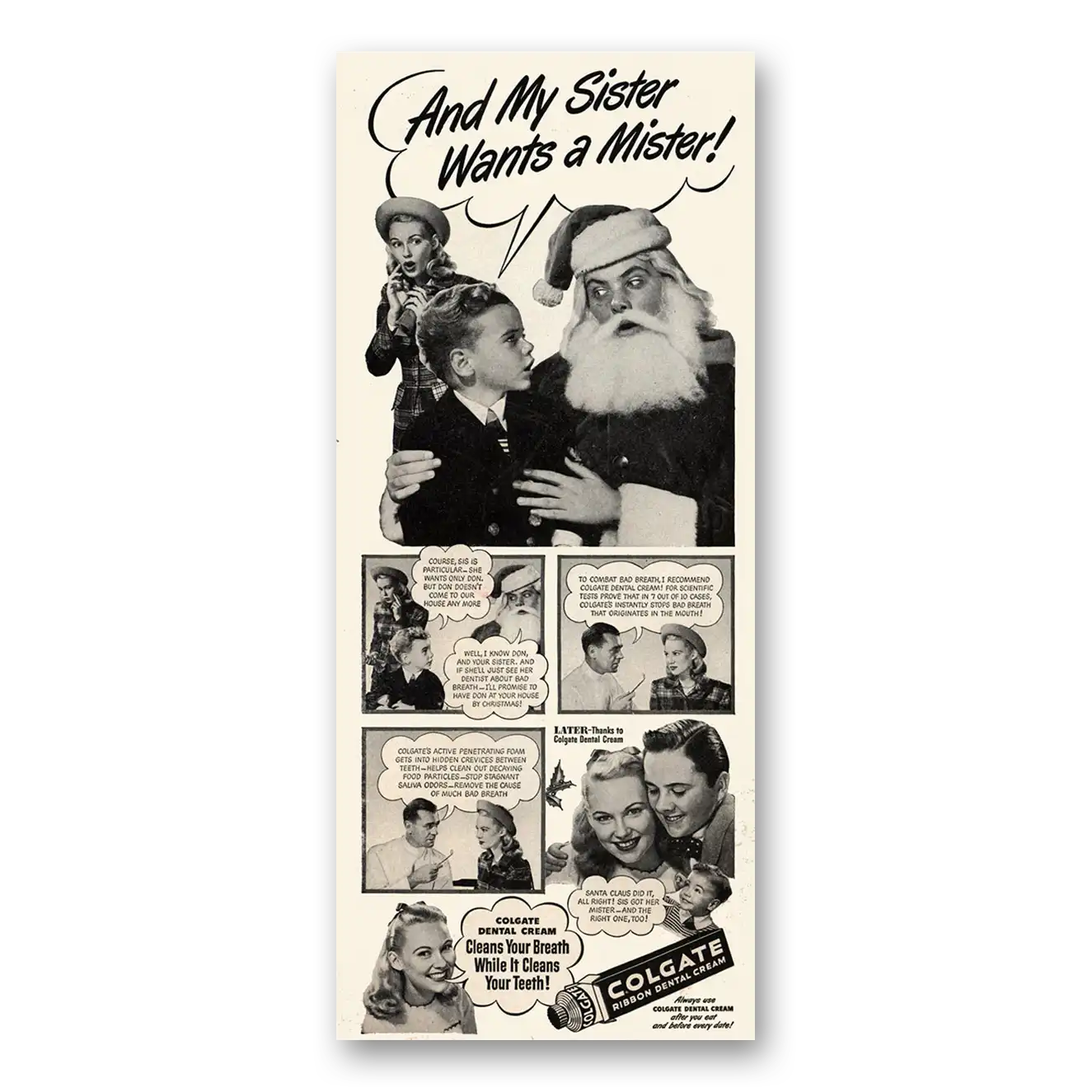 1947 Colgate Dental Cream My Sister Wants a Mister Santa Claus Vintage Magazine Print Ad