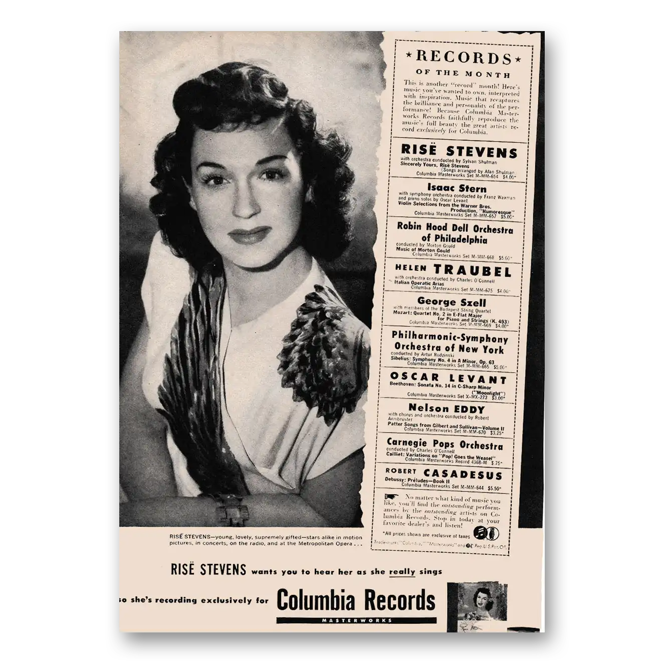 1947 Columbia Records Rise Stevens Vintage Magazine Print Ad