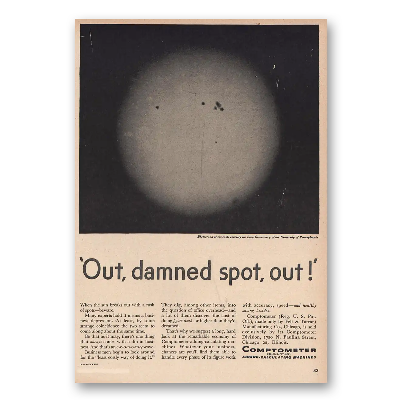 1947 Comptometer Out Damned Spot Out Vintage Magazine Print Ad