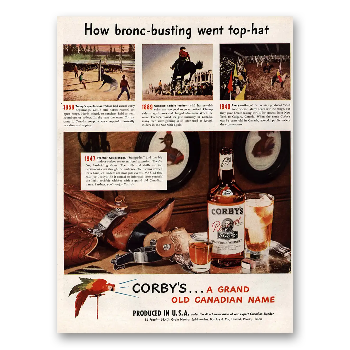 1947 Corbys Whiskey Bronc Busting Went Top Hat Vintage Magazine Print Ad