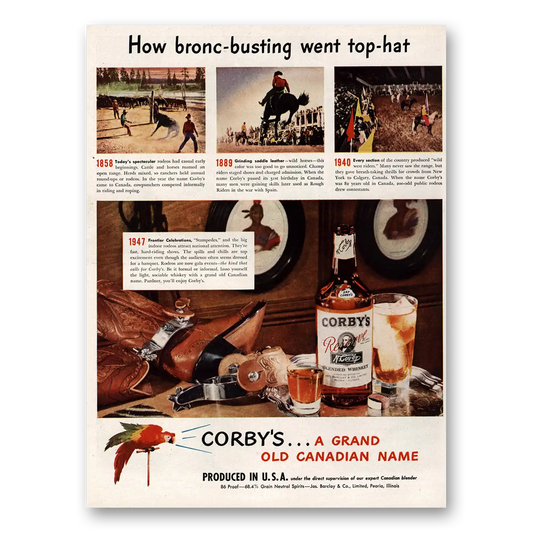 1947 Corbys Whiskey Bronc Busting Went Top Hat Vintage Magazine Print Ad