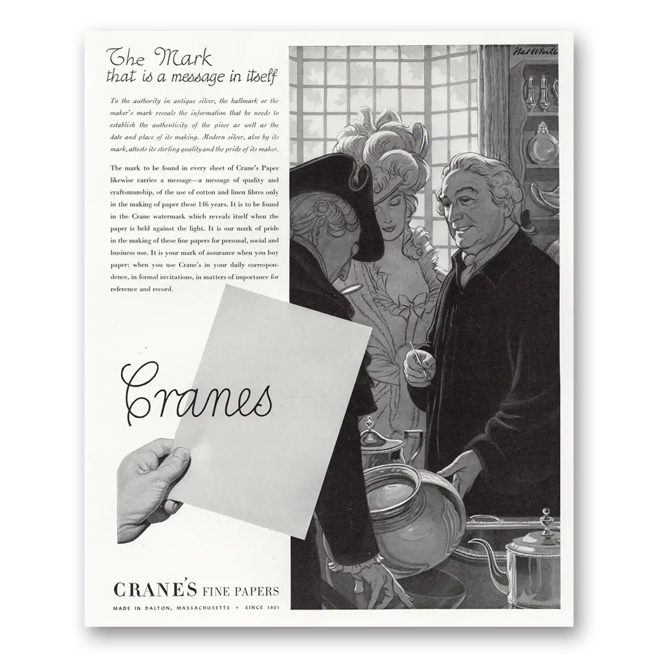 1947 Cranes Fine Papers Mark That Is a Message In Itself Vintage Magazine Print Ad