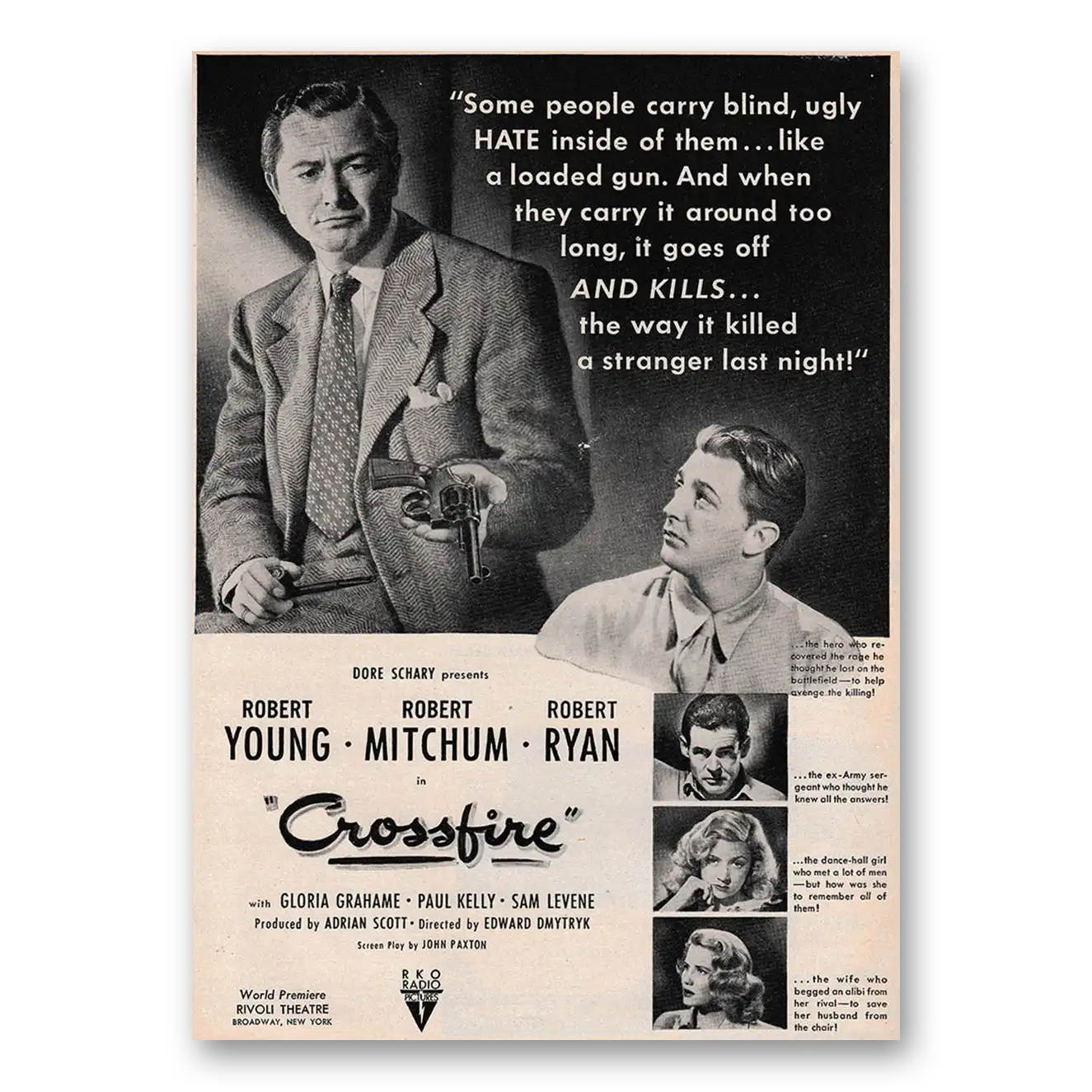 1947 Crossfire Movie Promo Robert Young Robert Mitchum and Robert Ryan Vintage Magazine Print Ad