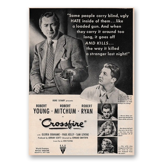 1947 Crossfire Movie Promo Robert Young Robert Mitchum and Robert Ryan Vintage Magazine Print Ad