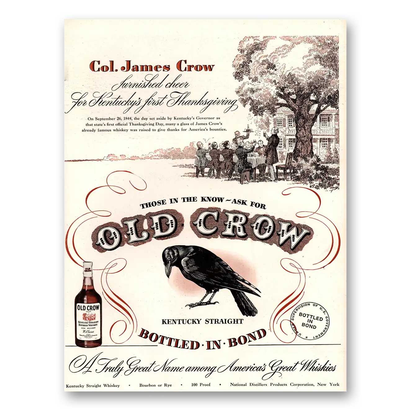 1947 Old Crow Whiskey Col James Crow Thanksgiving Vintage Magazine Print Ad