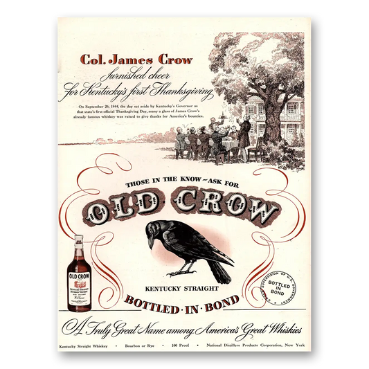 1947 Old Crow Whiskey Col James Crow Thanksgiving Vintage Magazine Print Ad