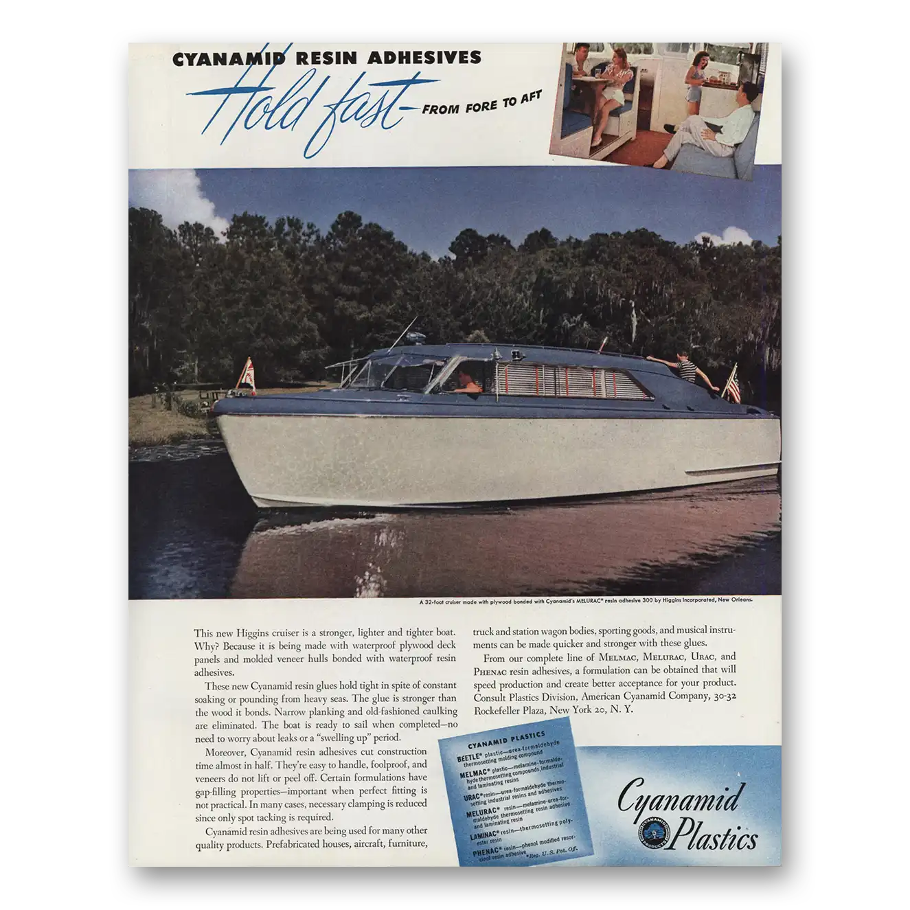 1947 Cyanamid Higgins Cruiser Vintage Magazine Print Ad