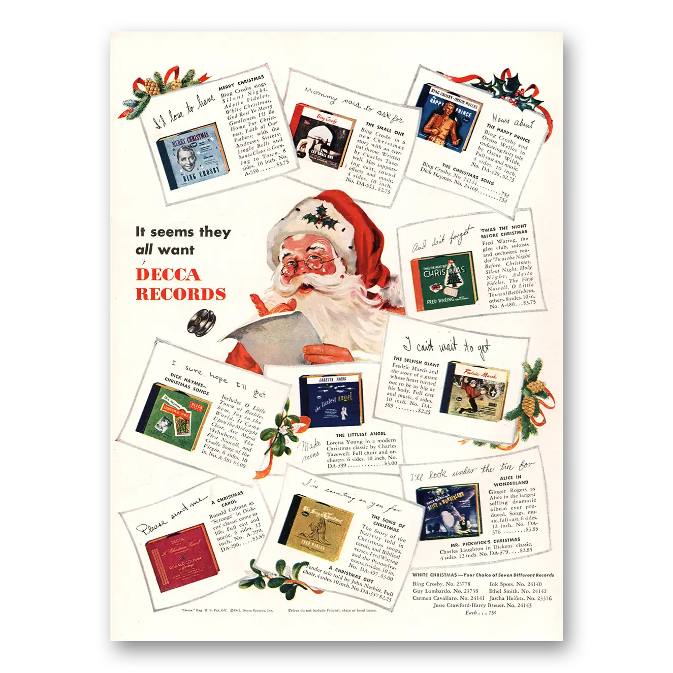 1947 Decca Records Santa Claus It Seems They All Want Vintage Magazine Print Ad