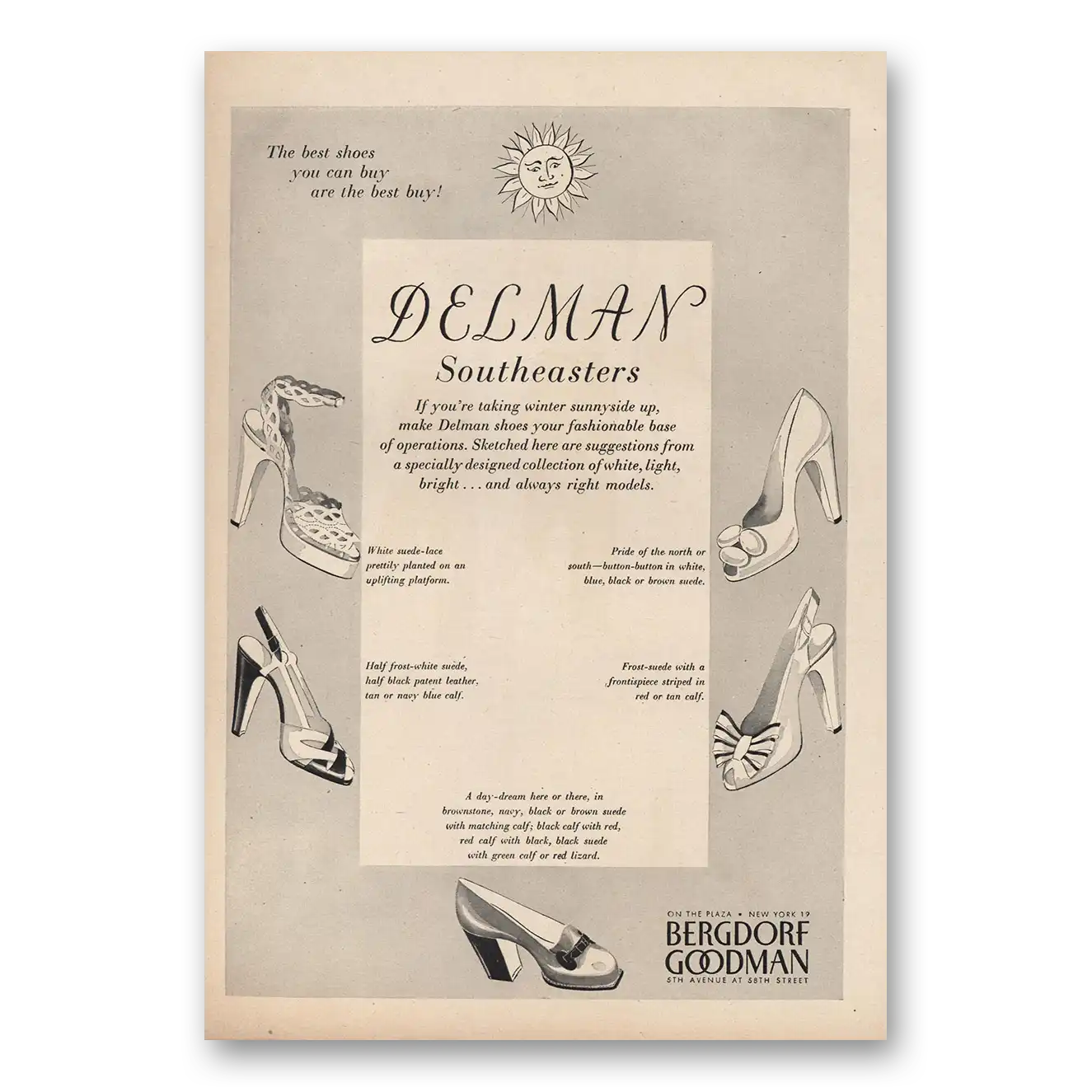 1947 Bergdorf Goodman Delman Shoes Southeasters Vintage Magazine Print Ad