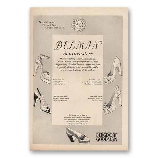 1947 Bergdorf Goodman Delman Shoes Southeasters Vintage Magazine Print Ad