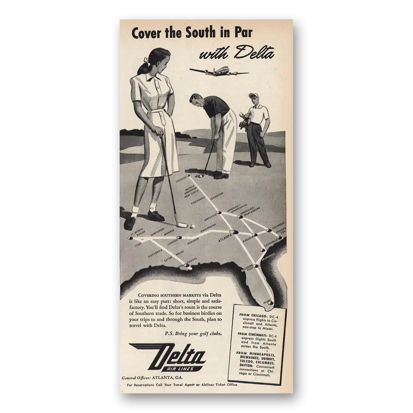 1947 Delta Air Lines Cover the South in Par Vintage Magazine Print Ad