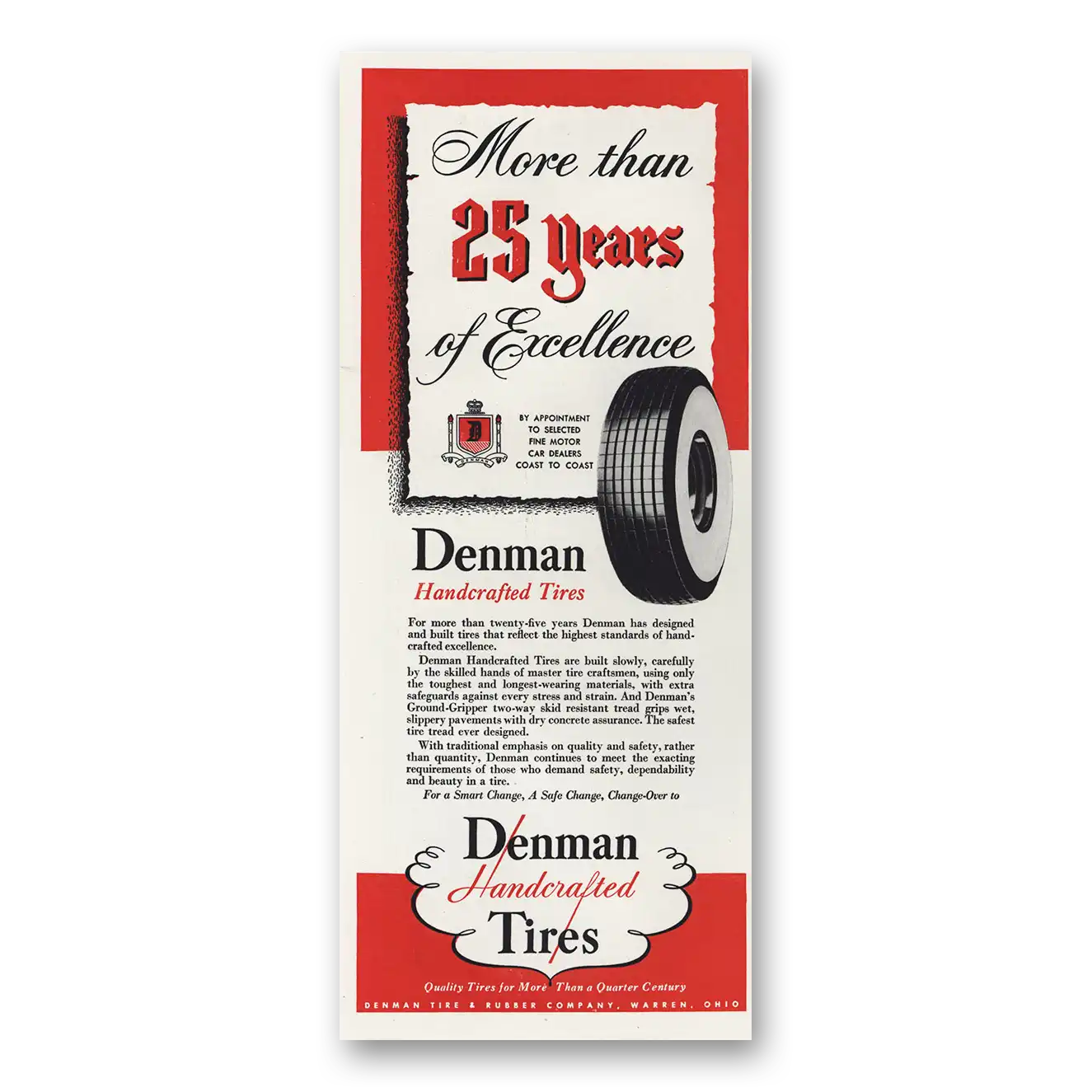 1947 Denman Tires Handcrafted Tires 25 Years of Excellence Vintage Magazine Print Ad