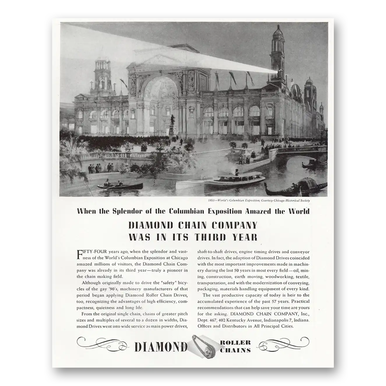 1947 Diamond Roller Chains Splendor of the Columbian Exposition Vintage Magazine Print Ad