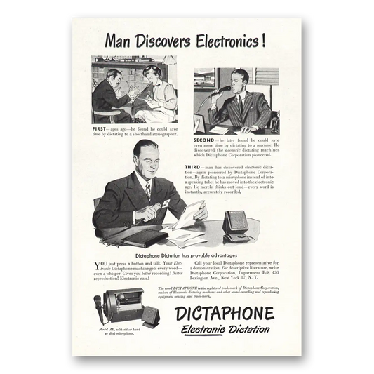 1947 Dictaphone Man Discovers Electronics Vintage Magazine Print Ad