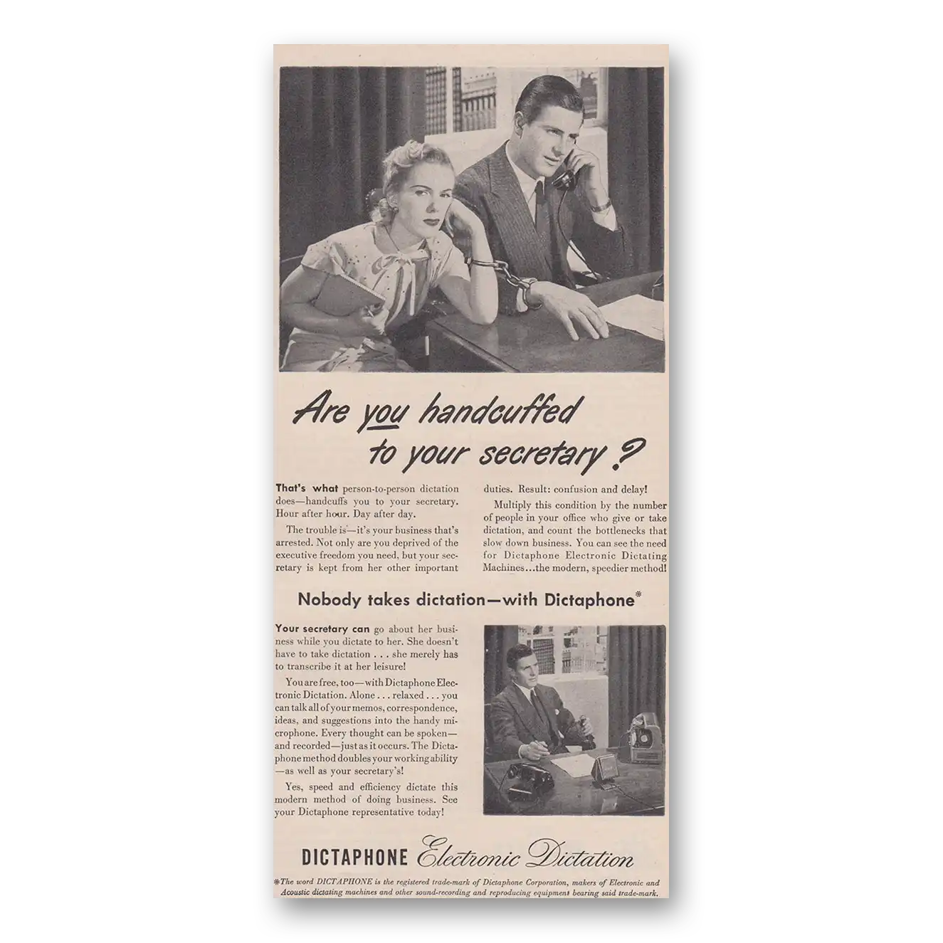 1947 Dictaphone Are You Handcuffed to Your Secretary Vintage Magazine Print Ad