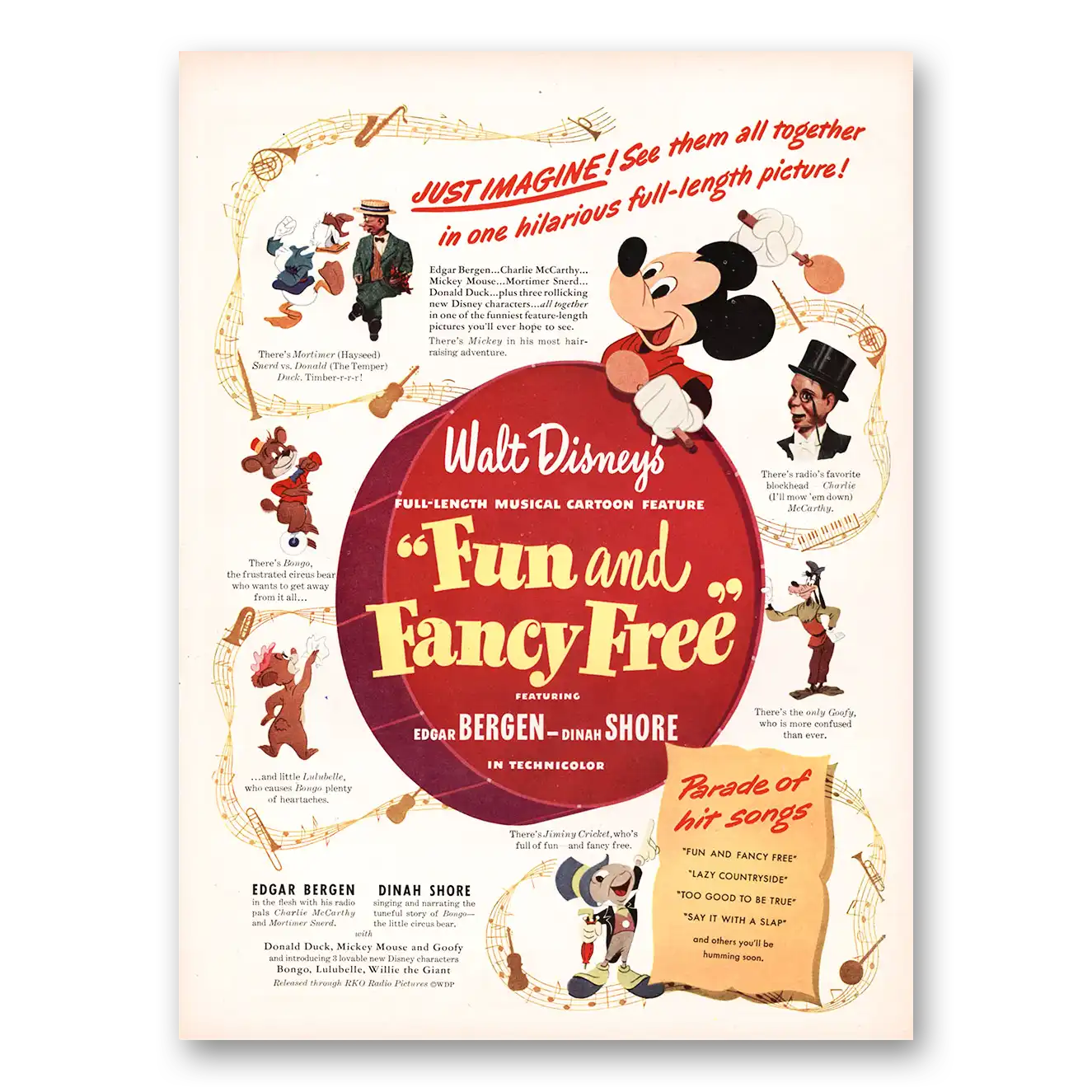 1947 Fun and Fancy Free Promo Edgar Bergen and Dinah Shore Vintage Magazine Print Ad