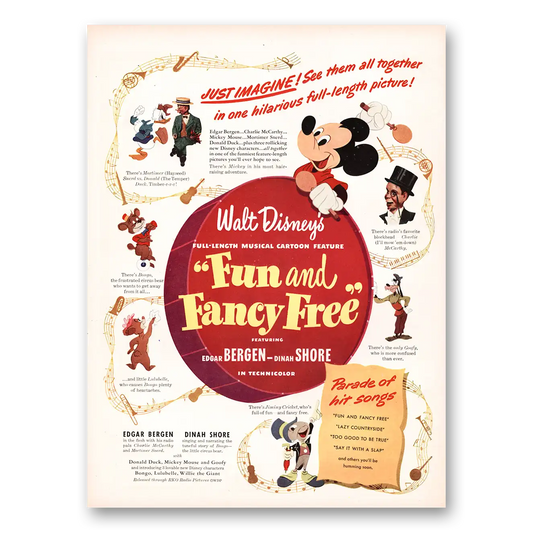 1947 Fun and Fancy Free Promo Edgar Bergen and Dinah Shore Vintage Magazine Print Ad