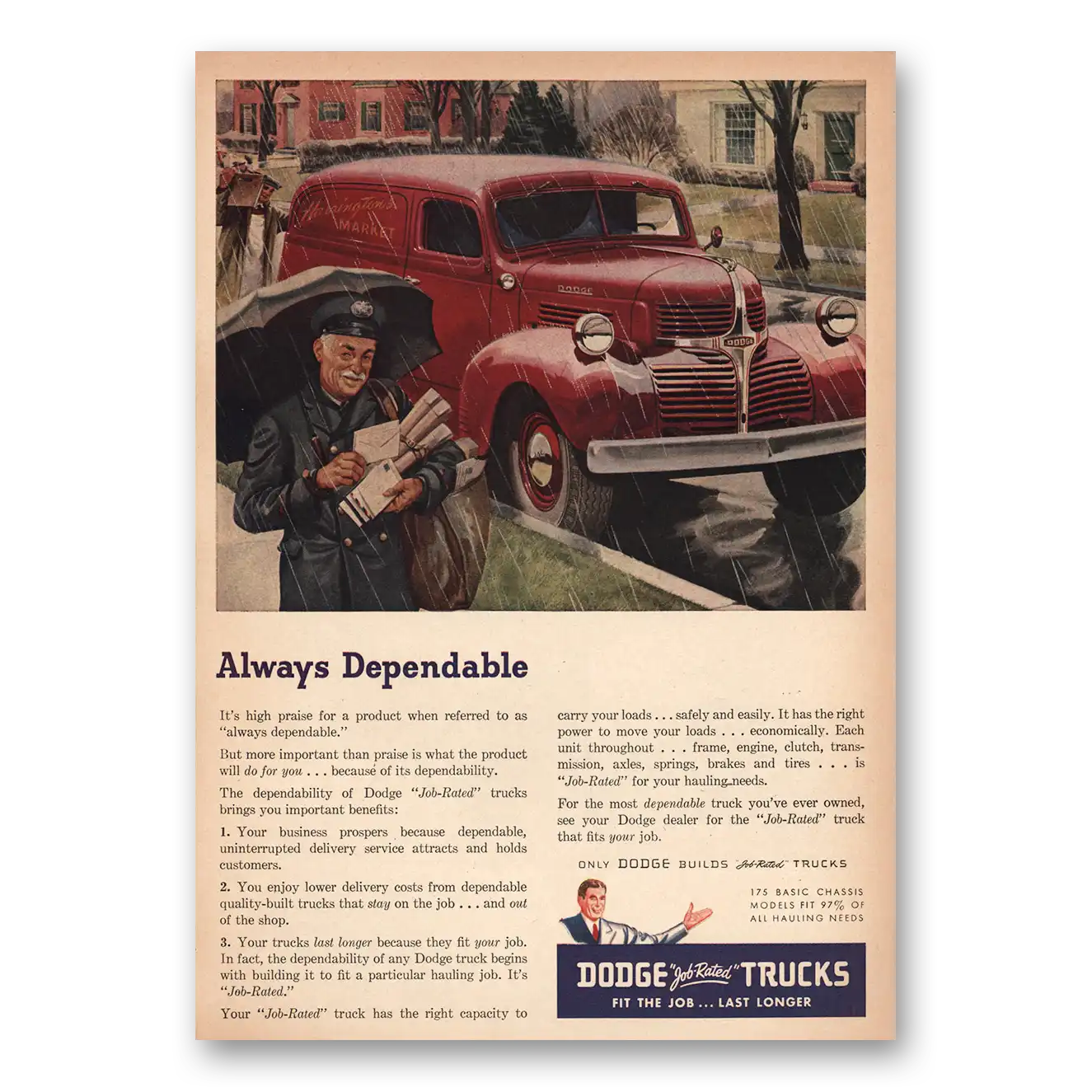 1947 Dodge Trucks Always Dependable Mailman Vintage Magazine Print Ad