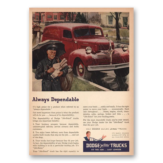 1947 Dodge Trucks Always Dependable Mailman Vintage Magazine Print Ad