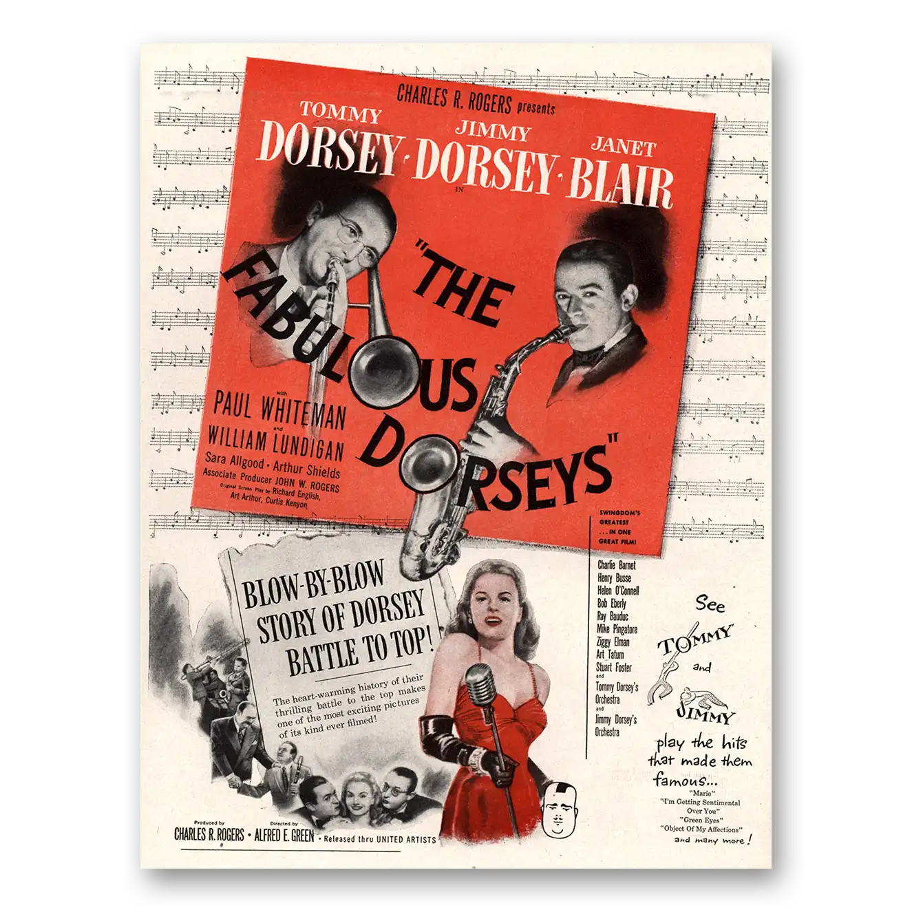 1947 The Fabulous Dorseys Movie Promo Tommy Dorsey Jimmy Dorsey and Janet Blair Vintage Magazine Print Ad