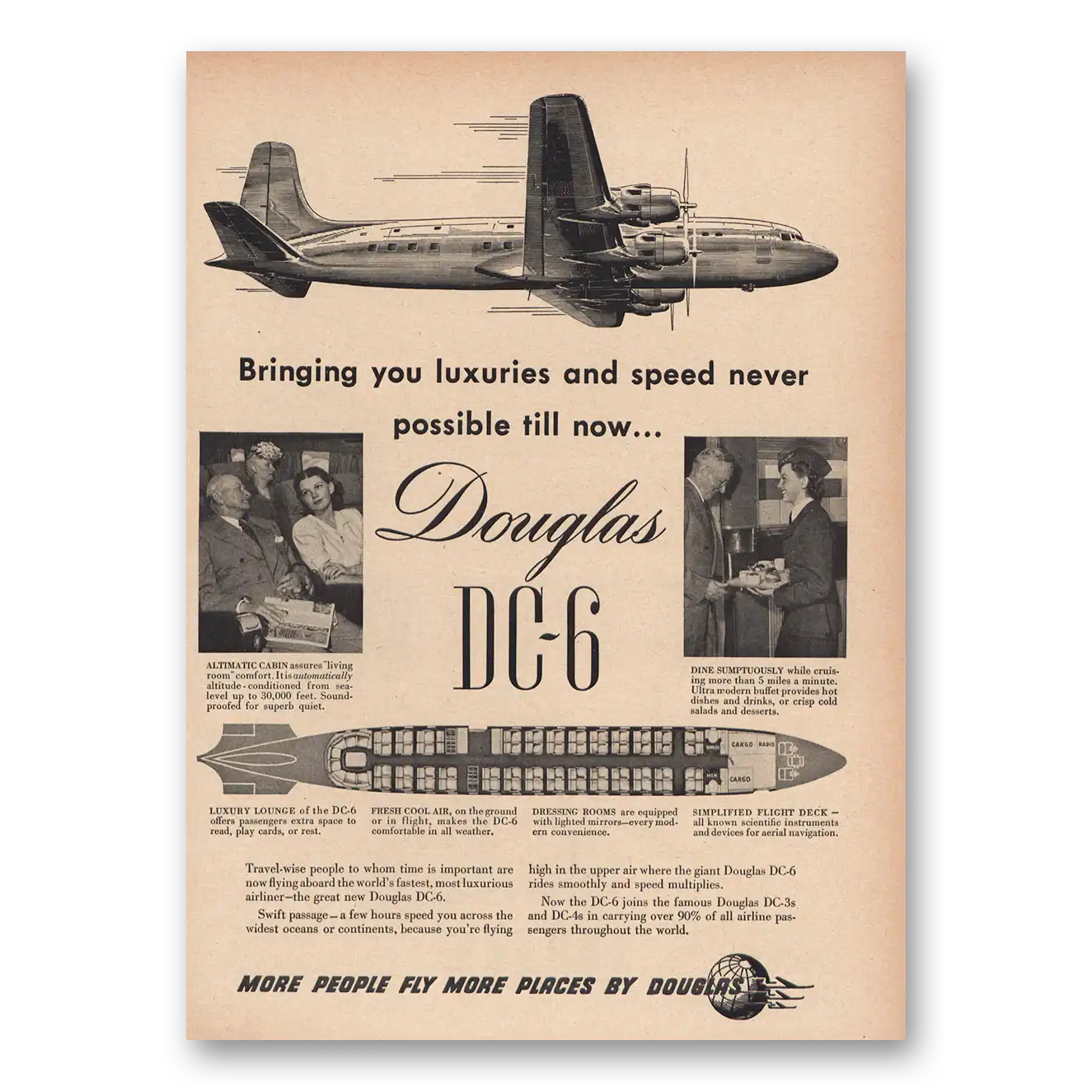 1947 Douglas DC6 Luxuries and Speed Vintage Magazine Print Ad