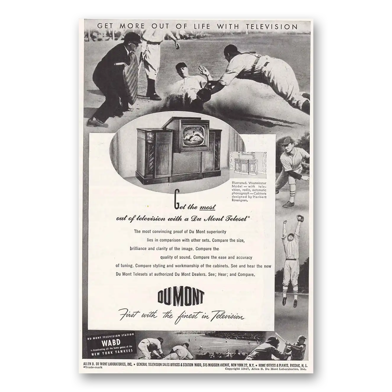 1947 DuMont Television New York Yankees Vintage Magazine Print Ad