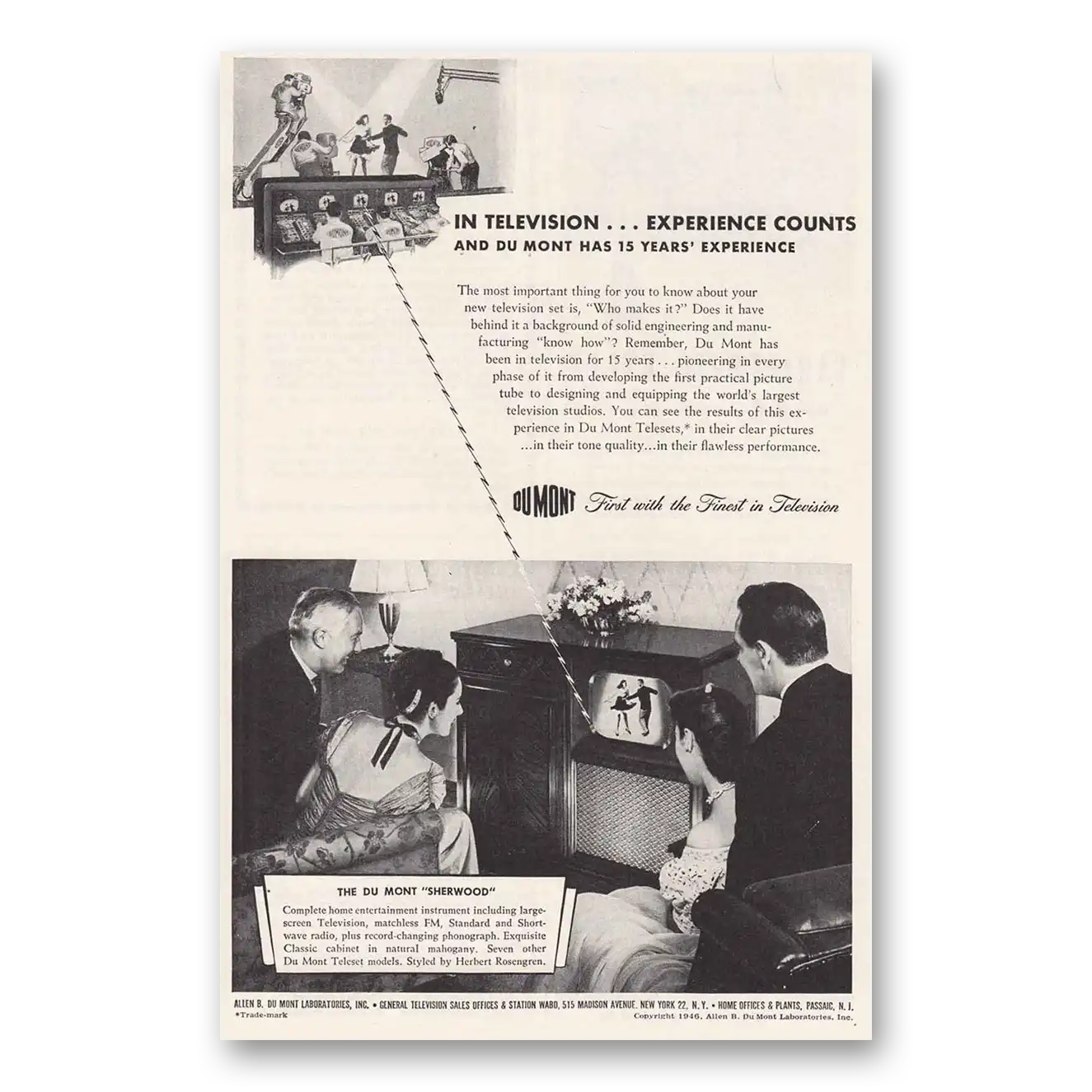 1947 DuMont Television Sherwood Experience Counts Vintage Magazine Print Ad