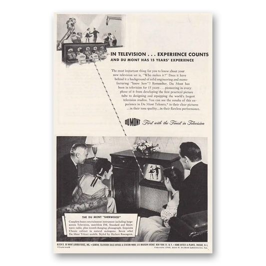 1947 DuMont Television Sherwood Experience Counts Vintage Magazine Print Ad