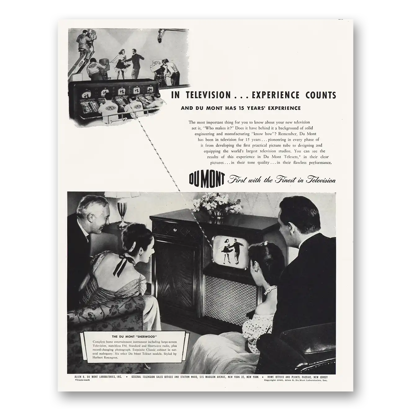 1947 DuMont Television Experience Counts Vintage Magazine Print Ad